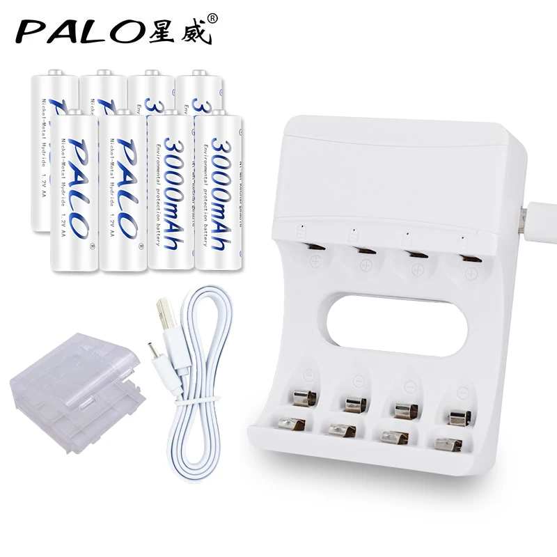 

Palo 4 Slots Smart Rechargeable Battery Charger charger+ 8 Pcs AA aa 3000mAh rechargeable batteries set