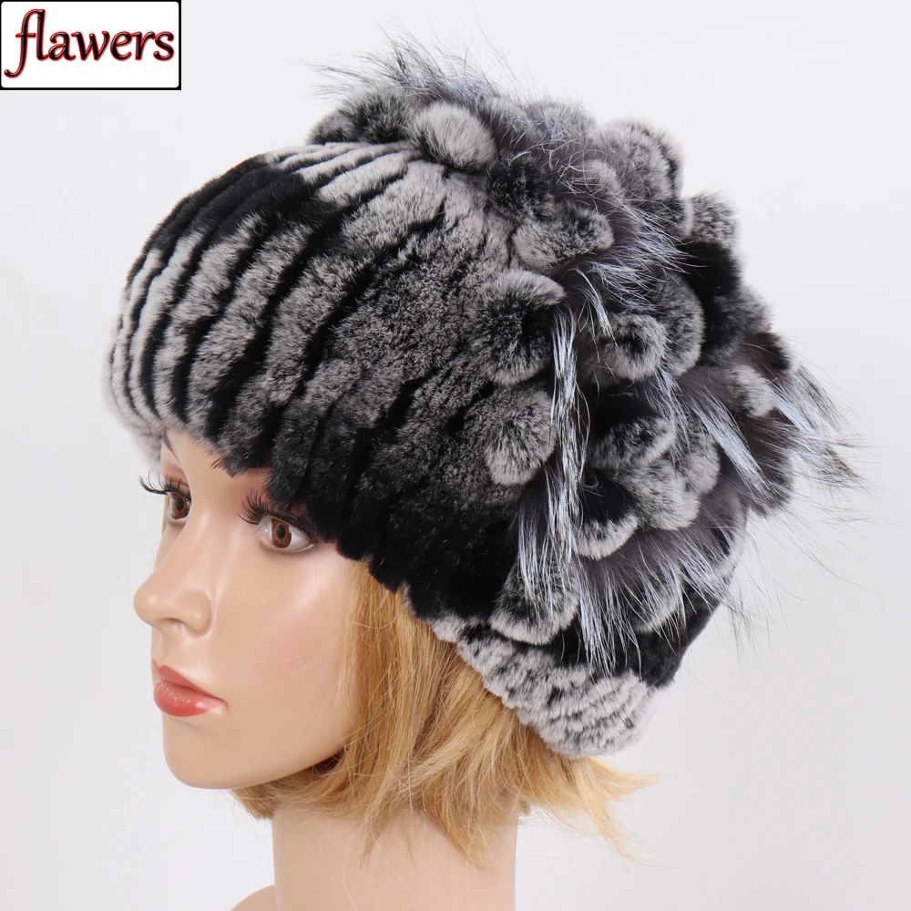 2019 جديد محبوك 100% الطبيعي الفراء Skullies قبعة الشتاء المرأة الدافئة ريال ريكس الأرنب الفراء القبعات جيد مرونة ريكس الأرنب الثعلب الفراء قبعات
