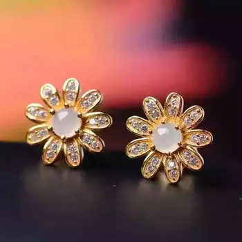 

natural Hetian jasper stud earrings s925 silver Natural white gemstone women lovely flowers fine stud earrings jewelry for party