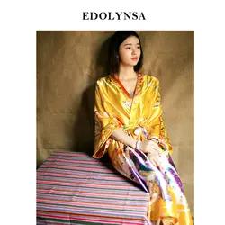 2019 халат Для женщин атласные платья для невест Винтаж кимоно с цветочным принтом Халат домашний халат желтый свадебные халаты # P144