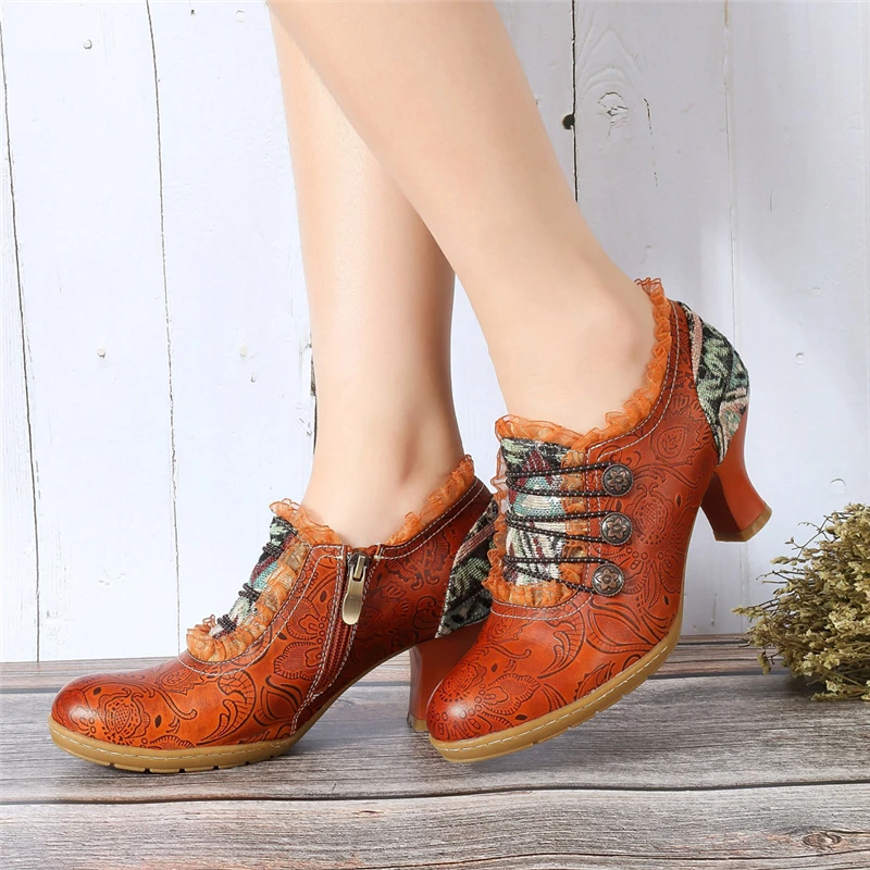 Socofy/Винтажные туфли-лодочки из натуральной кожи; Женская обувь в стиле ретро; обувь в богемном стиле; сезон весна-осень; туфли-лодочки на молнии с кружевными полями; женская обувь на каблуке
