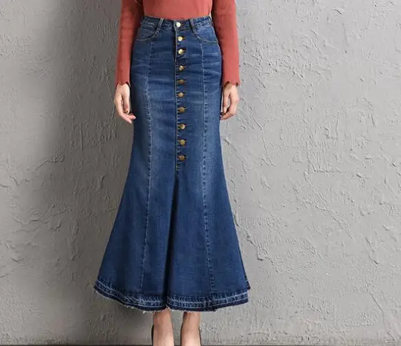 De Adelgaza Las Tyn0731 Mezcla Casual Imperio Mujeres Moda Vintage Botón Para Nueva Denim Primavera Trompeta Azul Faldas Otoño Algodón ZXUqnUgd