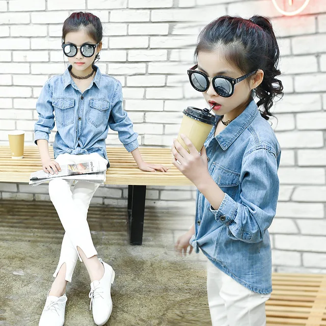 Jeans Shirts for Girls 2018 Spring Autumn Long Blue Pockets Cotton Teenage Baby Girl Denim Shirt