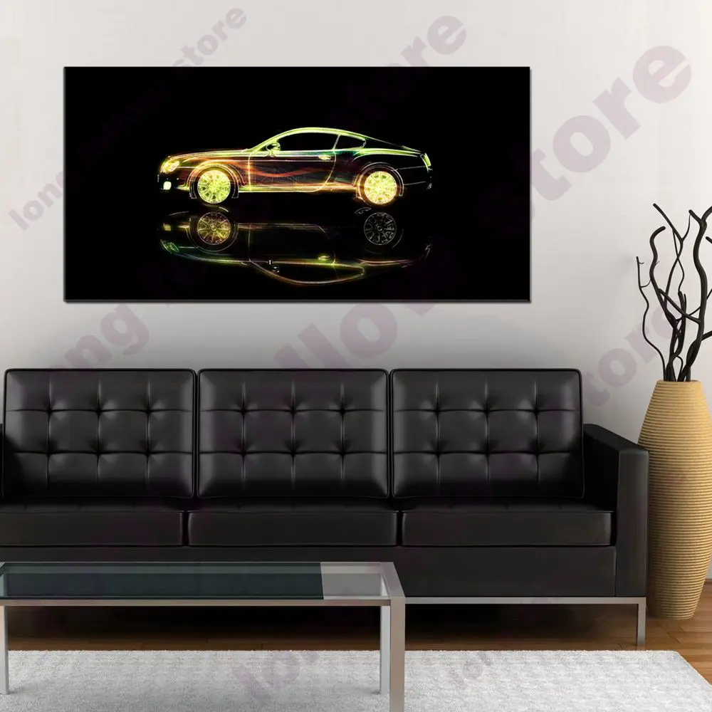 Large Posters and Prints Golden Sports Car Cartoon Picture for Bedroom Office Wall Decor Abstract Artwork Wall Art Home Decor