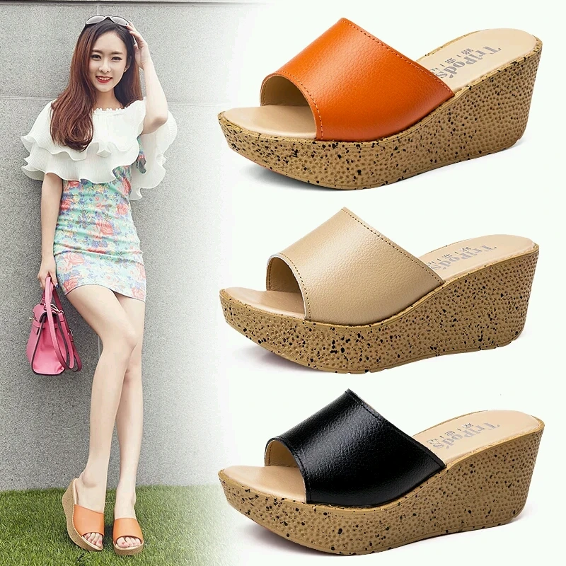 

genuine leather flip flops women high heels summer sandals flower printing platform sandals women cowhide slippers shoes y400