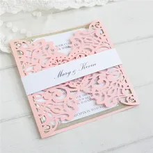 Свадебные приглашения, Вырезанные лазером сердечки, дизайн для печати, блестящая вставка, на заказ, лента для поздравительных открыток, 50 шт