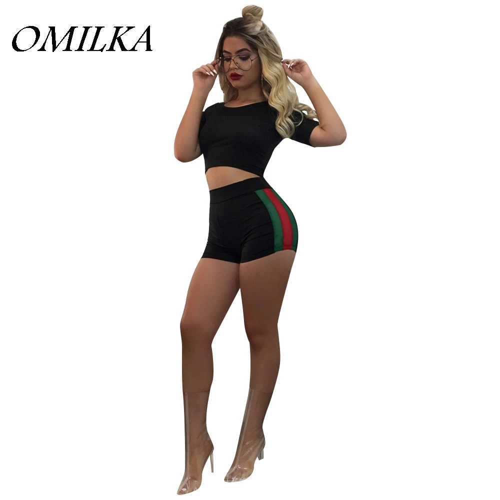 

OMILKA 2017 Summer Women Striped Crop Top and Shorts Set Casual Black Pink Plus Size Patchwork Streetwear Tracksuit 2 Piece Set