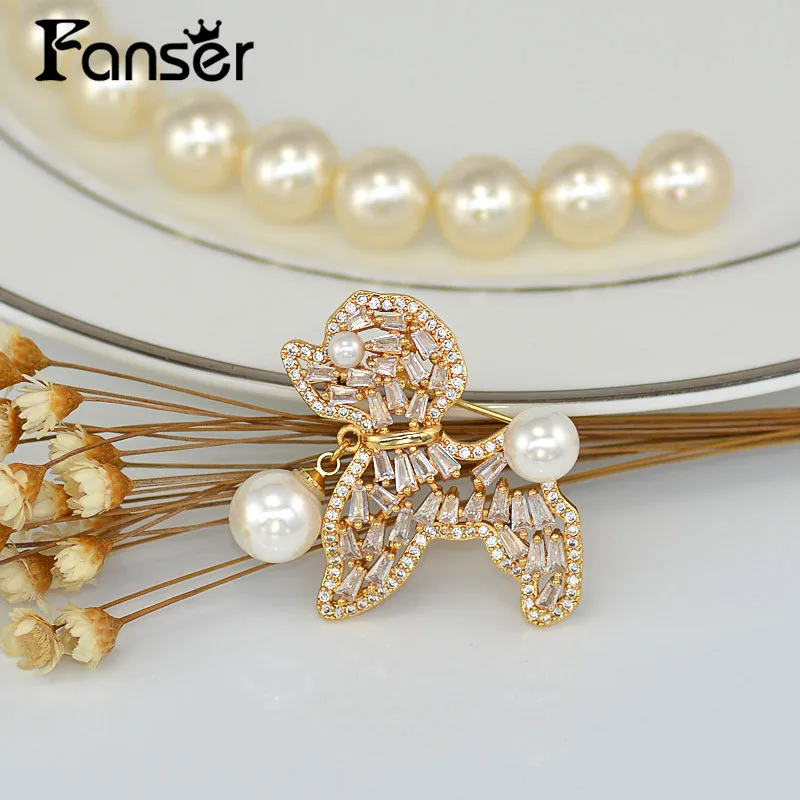 FANSER Pearl Щенок в форме брошь роза цвет золотистый инкрустированные прямоугольный