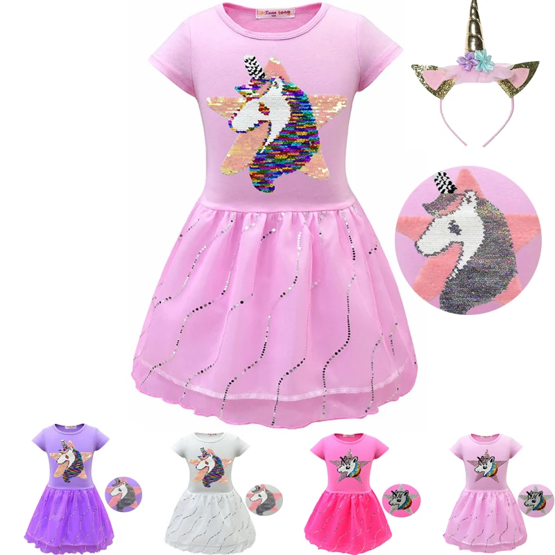 Платье с блестками, звездами и единорогом; детское кружевное платье-пачка для девочек; Двусторонняя одежда для маленьких принцесс