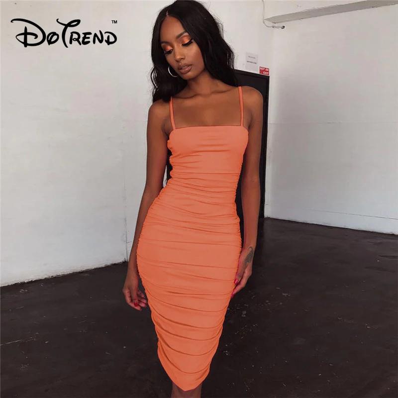 

Women Pleated Square Collar Knee Dress Fashion Sexy Sleeveless Slim Skinny For Ladies Evening Party Vestidos Sundress Femme 2019