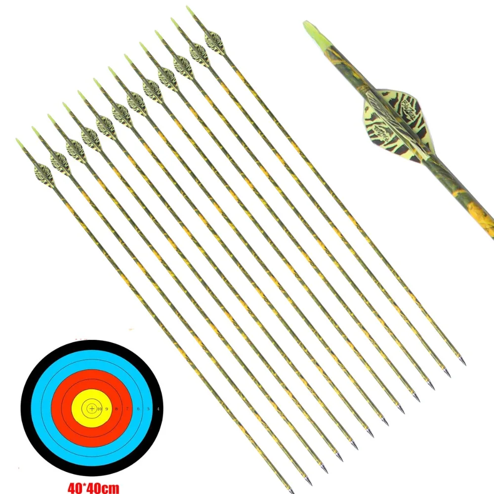 

PG1ARCHERY 30 Inch Carbon Arrows with 2 Inch Arrow vanes camouflage Removable Points Tips for Archery Hunting Bow