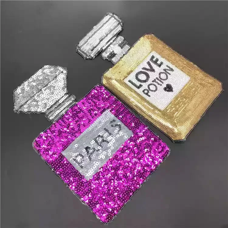 

Pink PARIS /Gold LOVE POTION Perfume Bottle Patch Iron on Sequined Patch for Clothes Beading Embroidery Appliques DIY Partches