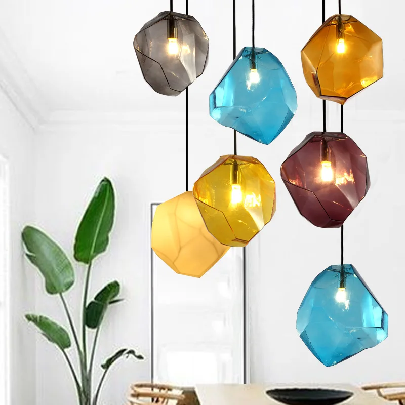 Billig Moderne Glas Anhänger Licht Kristall Bunte Hanglamp LED Nordic Eis Anhänger Lampe Für Wohnzimmer Schlafzimmer Küche Esszimmer G9