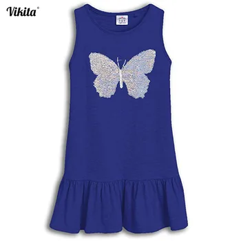 

VIKITA Girls Dress Summer Sleeveless Children Sequined Dresses Toddlers Rabbit Butterfly Cartoon Clothes Kids Ruffle Vestidos