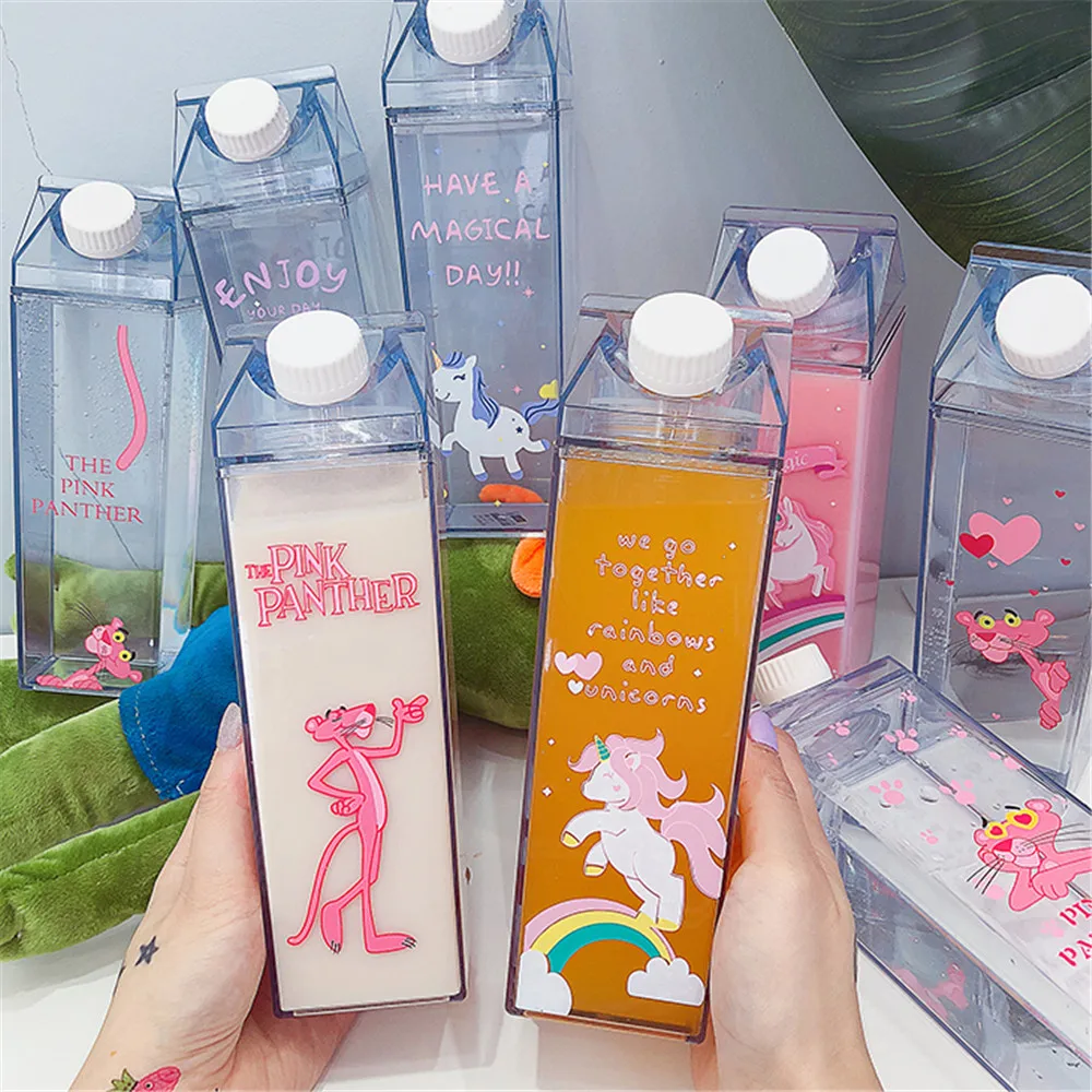 

Cartoon Water Bottles Milk Box Shape Plastic Cups Students Cute Pink Panther Drink Bottle for Juice Coffee Tea Drinkware