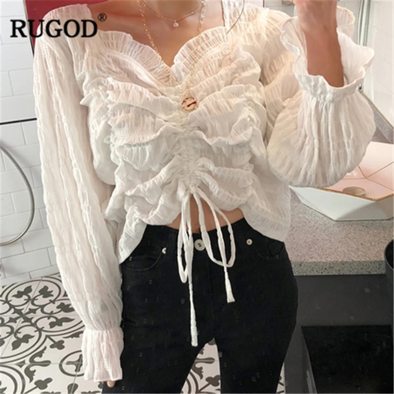 

RUGOD Chiffon elegant solid women blouses flare sleeves v neck middle pleated slim vintage korean style modis femme blusas mujer