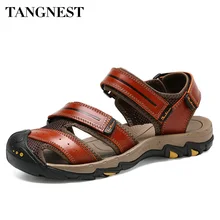 Tangnest/Новинка года, летние мужские сандалии на липучке из натуральной кожи, мужские пляжные сандалии из коровьей кожи, повседневные сандалии-гладиаторы на плоской подошве, XMR2816