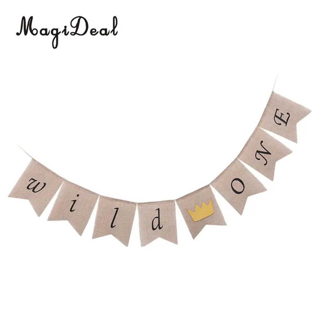 MagiDeal Vintage Burlap Wild One Banner with Crown 1st Birthday Baby Shower Party Garland Sign Cake Smash Wall Mantel Decor
