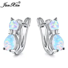 Милые женские маленькие серьги-кольца с котом, синие, фиолетовые, розовые, белые серьги с огненным опалом для женщин, 925 пробы, серебряные, розовые, золотые серьги