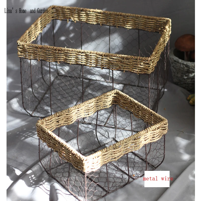 set 2 pieces rectangle handmade vintage rustic wire basket (3)