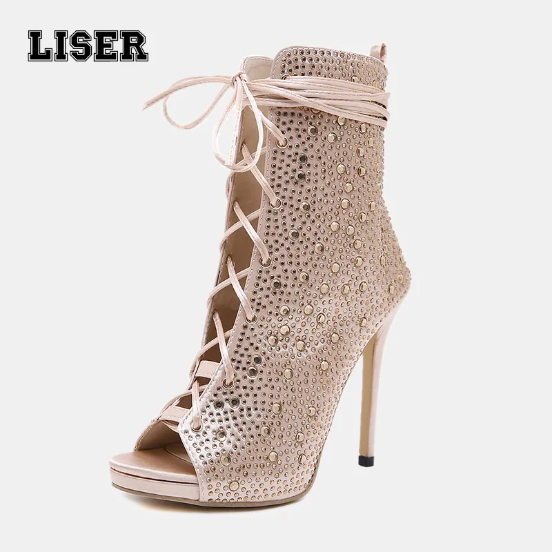 

2019 new women peep toe ankle Rome boots lace up super high stilettos 12cm silk cross tied crystal golden luxurious ladies shoes