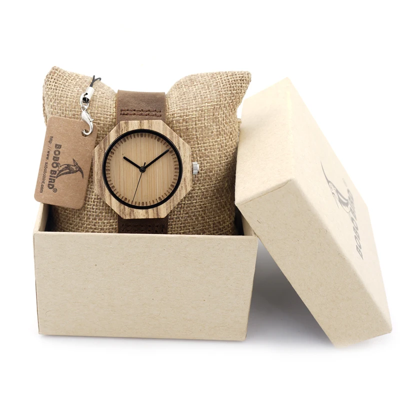 BOBO BIRD Zebra Wooden Quartz Men's Watch Octagon Design Soft Leather Strap Men Women Luxury Bamboo Dial for Unisex