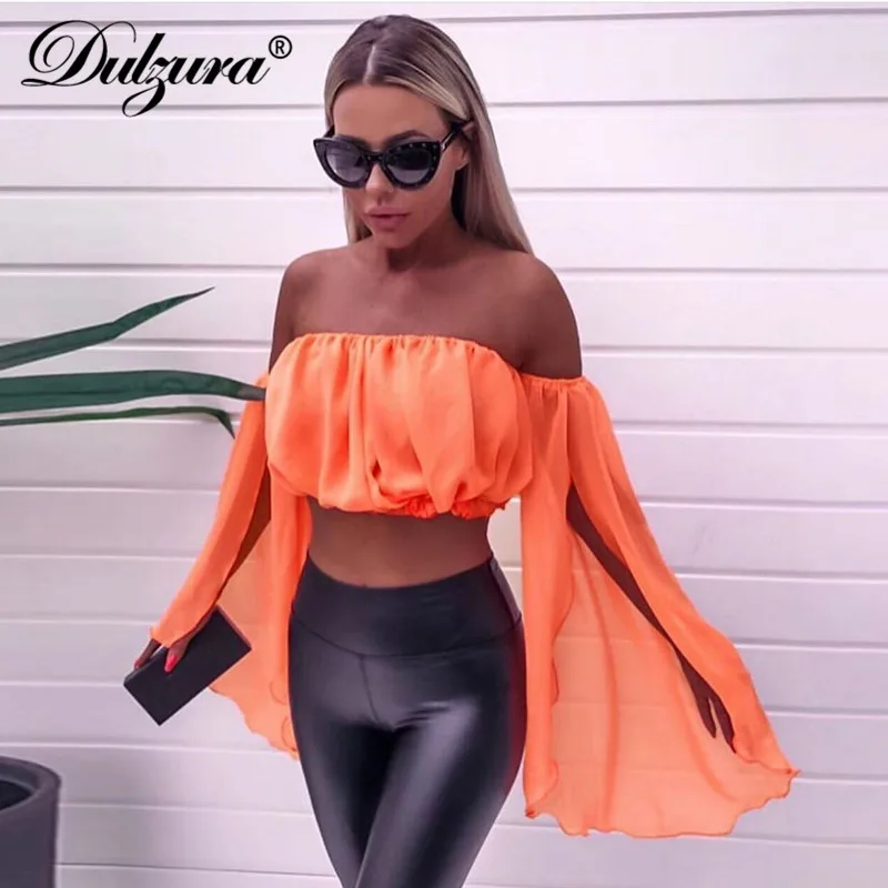 Dulzura summer autumn women shirt Chiffon crop top off shoulder festival elegant Ruffle backless sexy clothes tops ladies