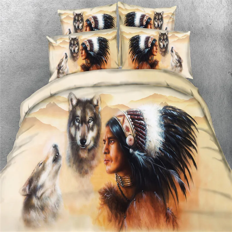 

Soft 3D Bedding Sets Indian Style Feather Wild Wolf Fabric Duvet Cover Single Twin Queen King Size 3/4PCS 500tc bedspreads Boys