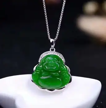 

Fine jewelry Hetian Biyu Jasper Smiley Buddha Pendant Yang Green Handmade 925 Silver Inlay Size 20*21mm
