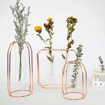 

1Set Nordic Style Glass Iron Art Vase Rose Gold Geometric Shape Flowerpot Home Table Ornaments Wedding Decoration Accessories