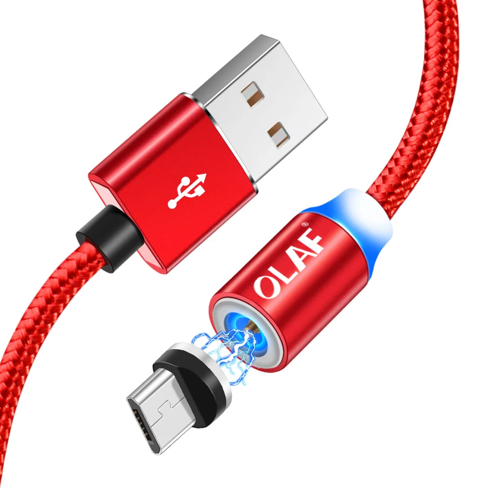 Магнитный зарядный кабель OLAF 1 м, кабель Micro USB для iPhone XR XS Max X, Магнитный зарядный кабель usb type C, светодиодный зарядный провод - Цвет: With Plug Red