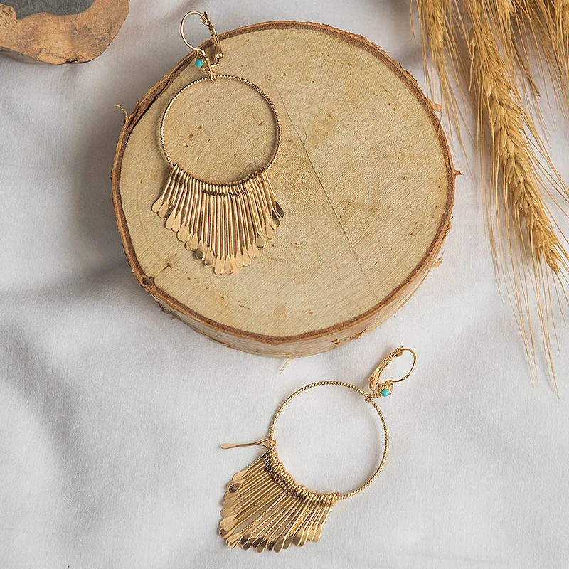 Wild&Free Boho Gold Metal Tassel Earrings For Women Big Round Circle Dangle Drop Earrings Ethic Charms Earring Fringed Jewelry