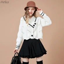 ARTKA осенний женский вязаный свитер, Женский Повседневный однотонный белый кардиган с v-образным вырезом и длинным рукавом, свитер с открытой строчкой WB10585Q