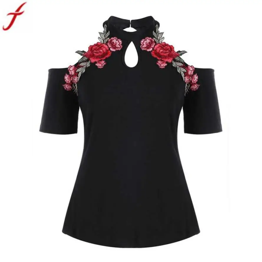

Fashion Summer Embroidery Tshirt Summer Cold Shoulder T-shirt Short Sleeve Tunic Tops Plus Size Women Clothing Tee Shirt Tops #4