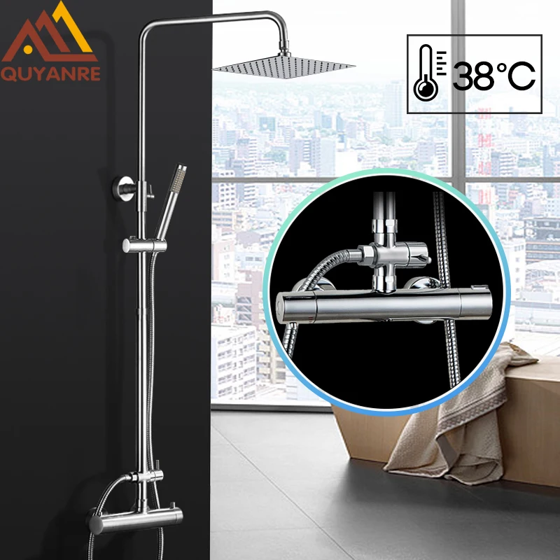 quyanre chrome thermostatic shower faucets set rainfall ultrathin shower head 2-way thermostatic mixer bathroom shower kit