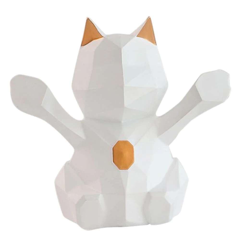 3D Abstract Art Geometric Fortune Lucky Cat Sculpture Resin Animal Statue Figurines Feng Shui Decor