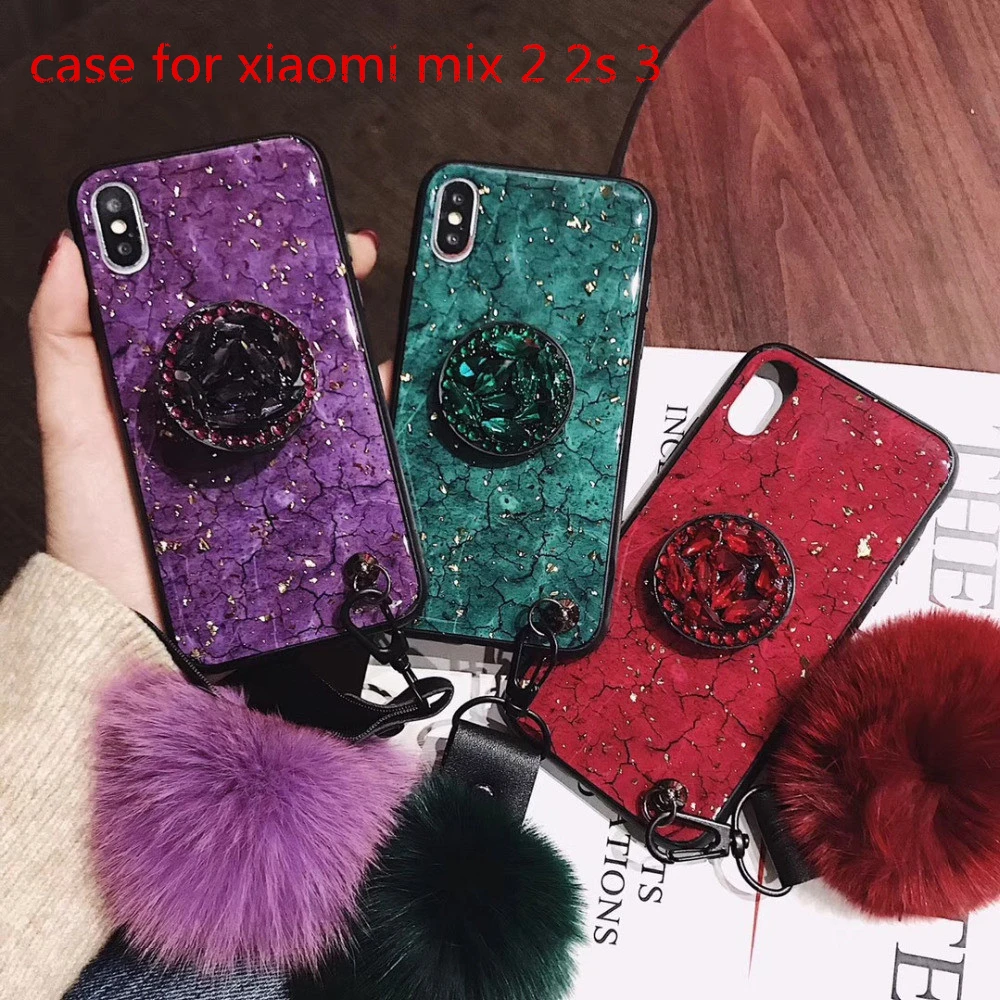 

Violet phone case for Xiaomi mix 2 2s case for Mi mix 3 Marble Glitter Gold Foil Soft cover Rhinestone support Hairball lanyard