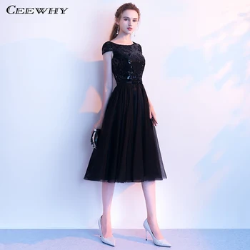 

CEEWHY Cap Sleeve Black Elegant Short Evening Dresses Women Sequin Evening Gown Abendkleider 2019 Prom Dresses Avondjurk