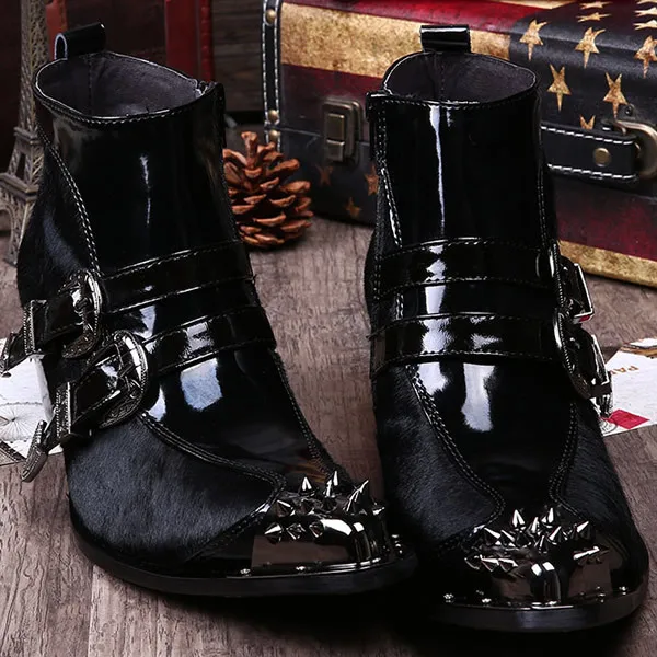 

New Vintage Leather Pointed Toe Boots Rivet Metal Tip Buckle Strap Ankle Boots Martin Boot High heel Men Shoes