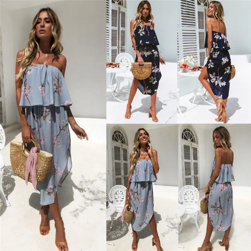 

Women Summer 2018 Beach Floral Boho Dress Loose Printing Sexy Off the Shoulder Evening Party Flash Neck Mini Dress Beachwear