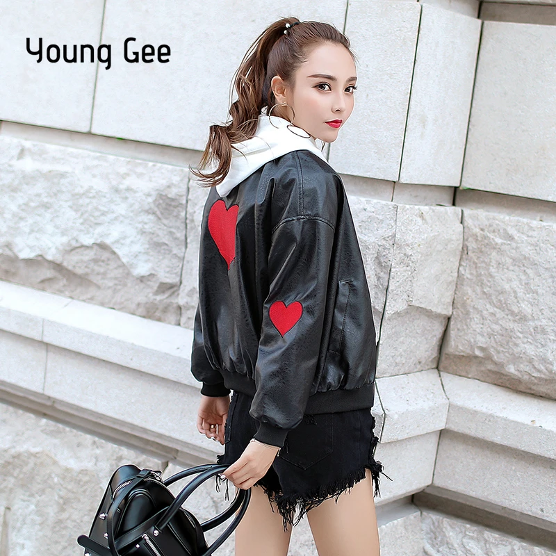 

Young Gee Women Black Faux Leather Zipper Jackets Autumn Winter 2019 Fashion Basic Coat Biker PU Embroidery Hearts Jacket mujer