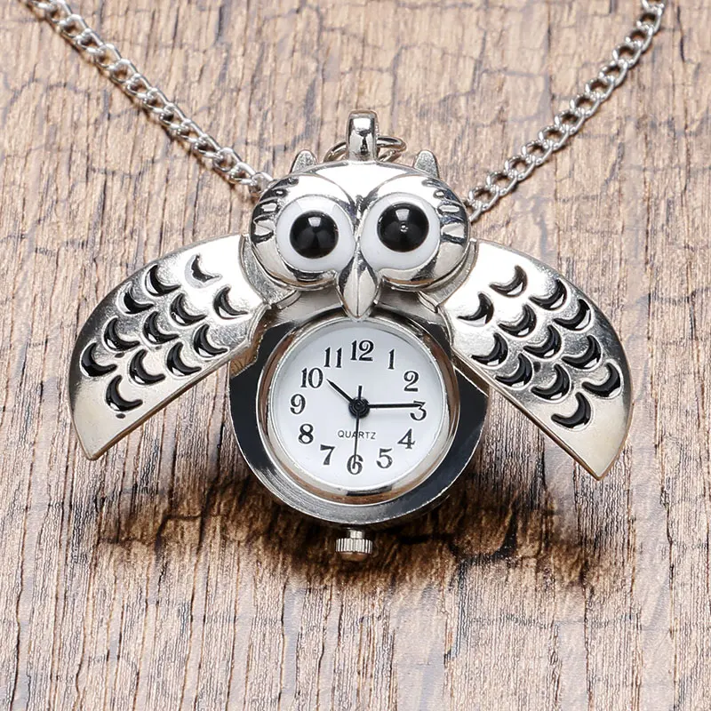 

Cute Sliver Owl Theme Small Size Fob Pocket Watch with Sweater Necklace Chain for Women Girls Children Reloj de bolsillo de buho