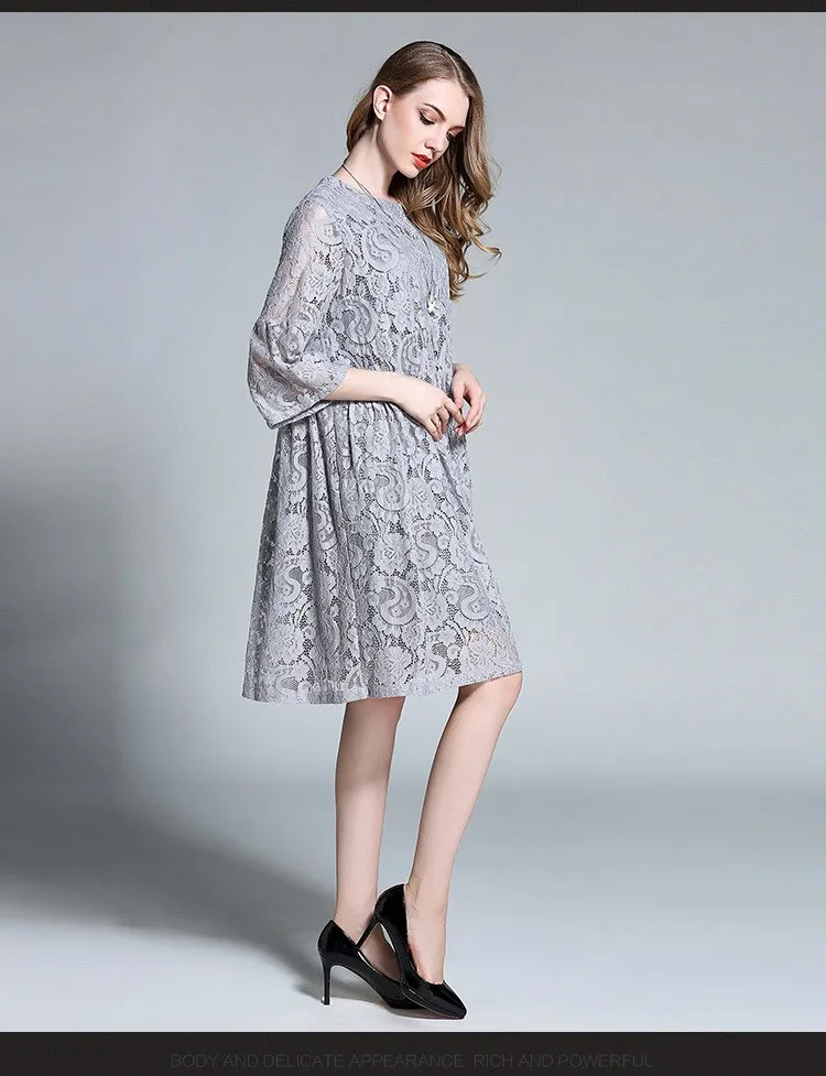 European design spring autumn women floral lace dresses plus size 4XL hollow lace women pleated dress gray blue color