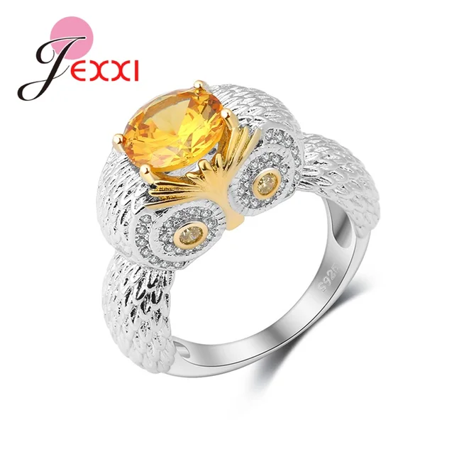 JEXXI Newest Cute Owl Ring Design 925 Sterling Silver Animal Style Set Light Yel JEXXI Newest Cute Owl Ring Design 925 Sterling Silver Animal Style Set Light Yel