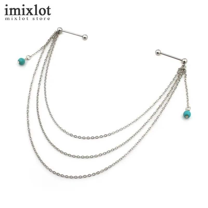 Imixlot 14G Sexy Tassel Nipple Bar Rings with Stone Beads Stainless