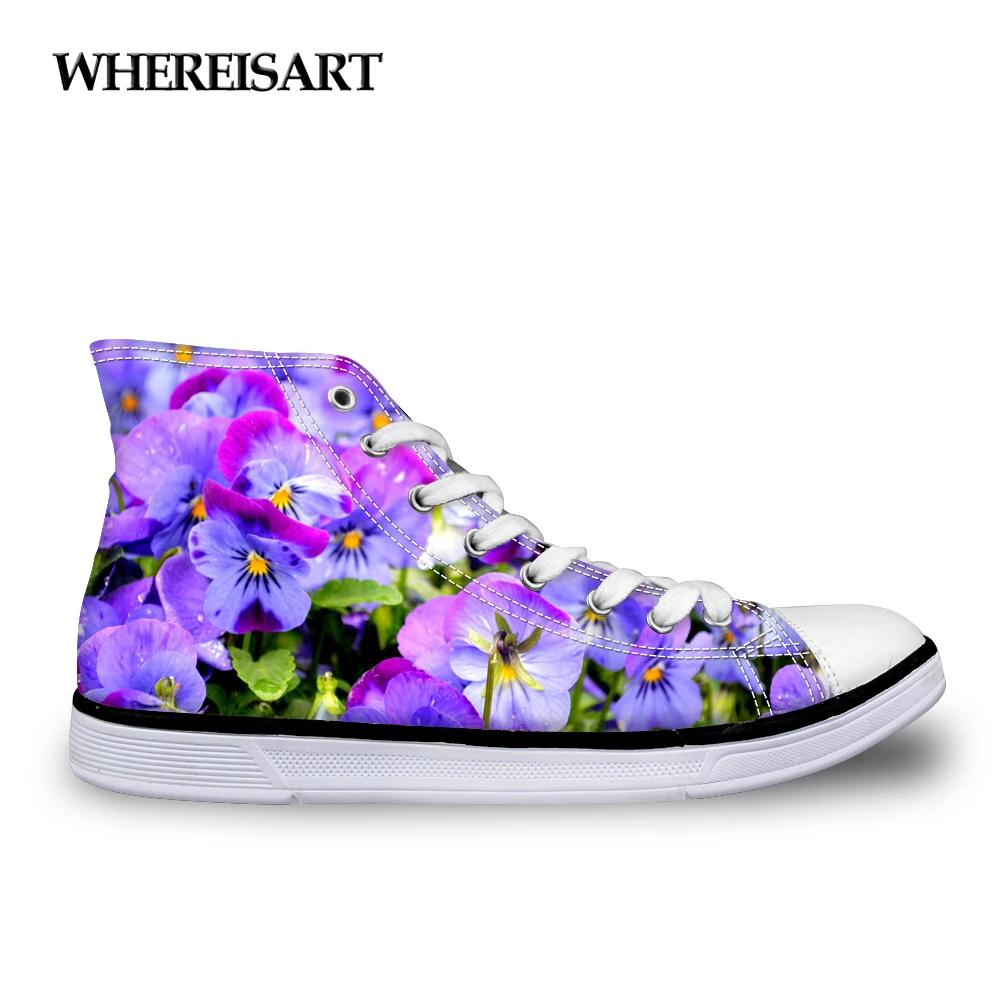

WHEREISART High Top Lace-up Women Vulcanize Shoes Pretty Flower Print Classic Female Flats Canvas Shoes Casual Women's Sneakers