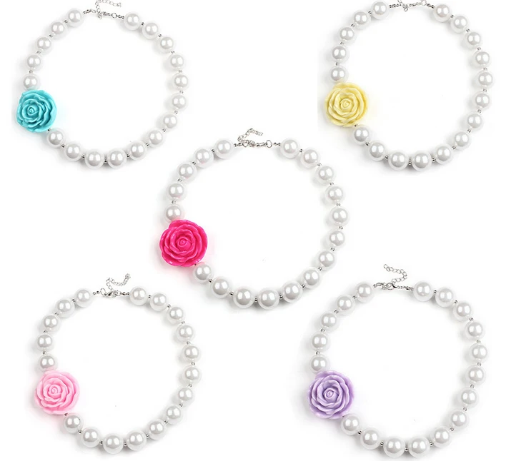 

Kids Girls Resin Flower 16mm Pearl Necklace DIY Hand Made Chunky Bead Strand Chokers Bubblegum Necklace Gift Jewelry Accessories