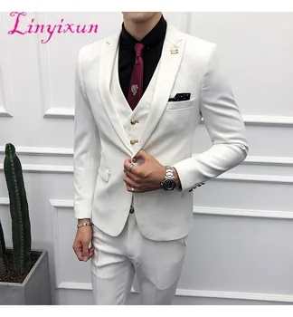 

Linyixun 3pc Men Suit Korean Autumn Winter Slim Fit Dress White Suits Men Clothes 2018 Business Casual Party Tuxedo