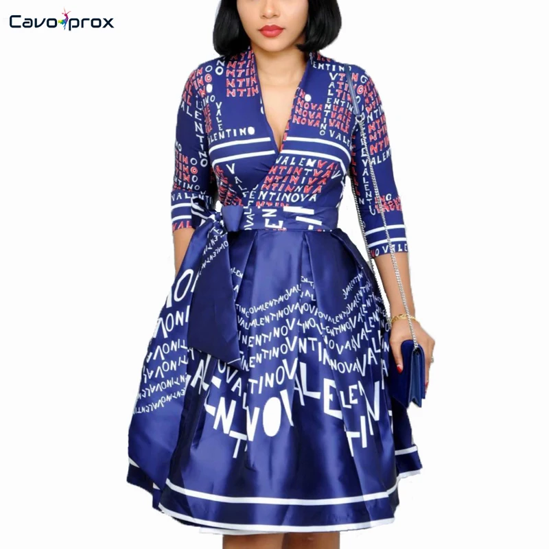 

Women Half Sleeve V Neck Warp Belt Slim Fit Midi Dress Elegant Office Ladies High Waist Letter Print Vintage Retro Skater Dress