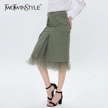 

TWOTWINSTYLE Patchwork Tulle Skirts High Waist Split Women's Skirt With Pockets Army Green Fashion Clothes Korean Large Size New